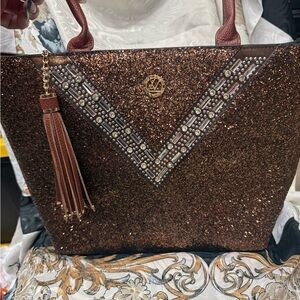 BNWOT Lany Pebby Leather Glitter Tassel Tote Bag - Brown